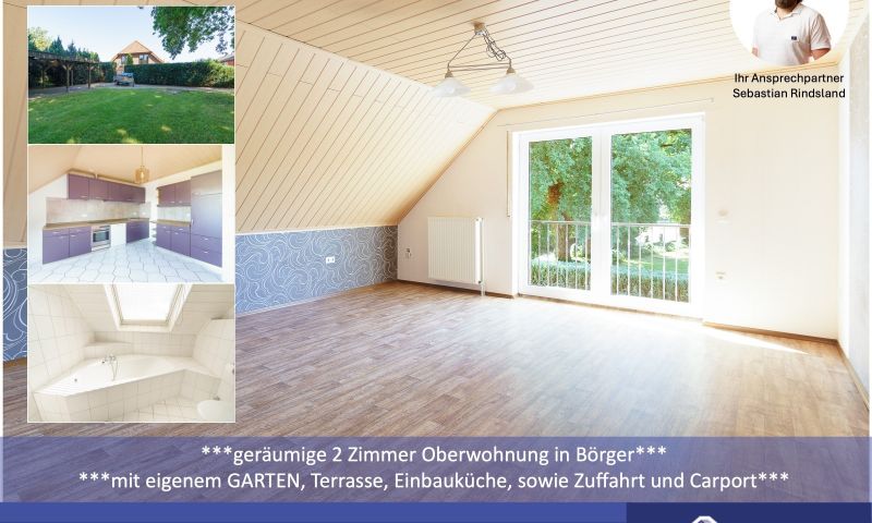 ***geräumige 2 Zimmer Oberwohnung mit EBK in Börger***

mit eigenem Garten, Terrasse, sowie Zufahrt und Carport