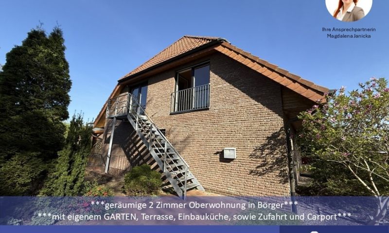 ***geräumige 2 Zimmer Oberwohnung mit EBK in Börger***

mit eigenem Garten, Terrasse, sowie Zufahrt und Carport